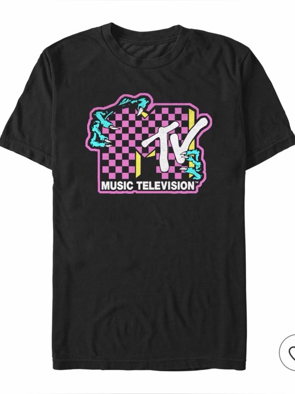 MTV Black Tee with Pink Checkerboard & Teal Accents